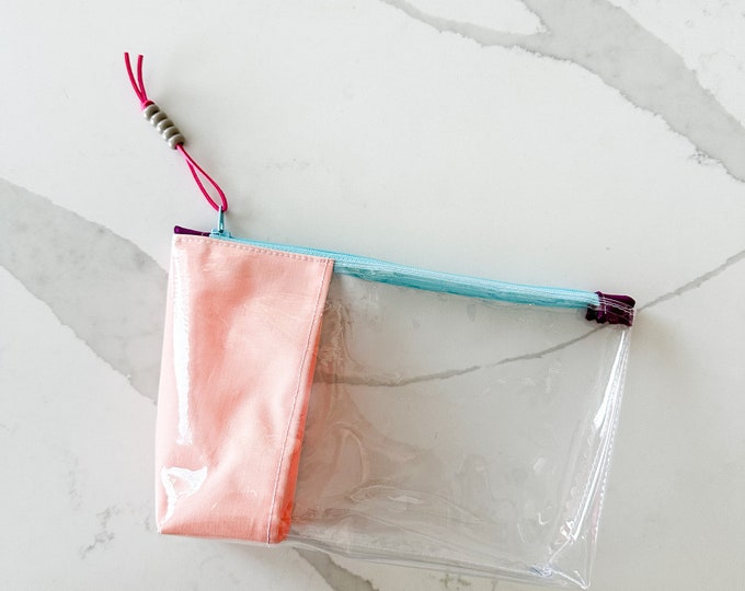 Transparent Vinyl Pouch with Fun Fabric | Handmade Zipper Bag for School Supplies, Crafts, and Travel | Medium Bag