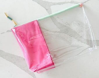 Clear Vinyl Zipper Pouch with Colorful Fabric Accents | Handmade Organizer for Travel, School, and Everyday Essentials | Extra Large Bag