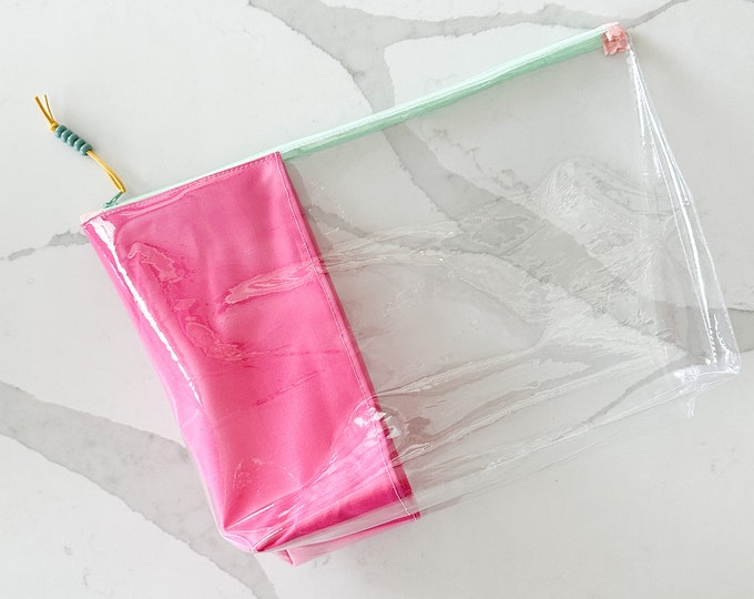 Clear Vinyl Zipper Pouch with Colorful Fabric Accents | Handmade Organizer for Travel, School, and Everyday Essentials | Extra Large Bag