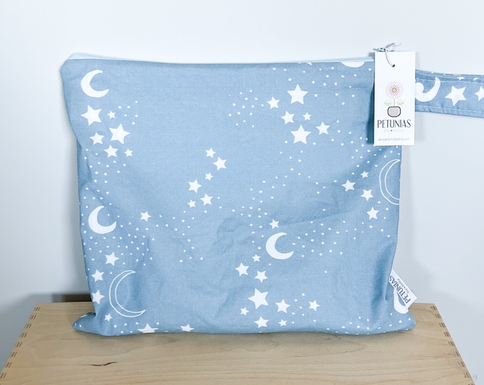 The ICKY Bag - wetbag - PETUNIAS by Kelly - Indie Designer Fabric Series - dusty blue moon and stars