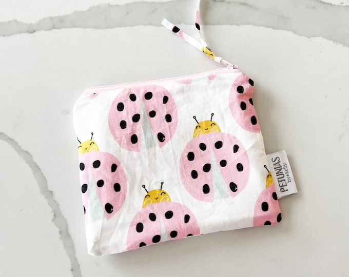 The ICKY Bag mini pouch - wetbag - PETUNIAS by Kelly - Indie Designer Fabric Series - pink ladybugs