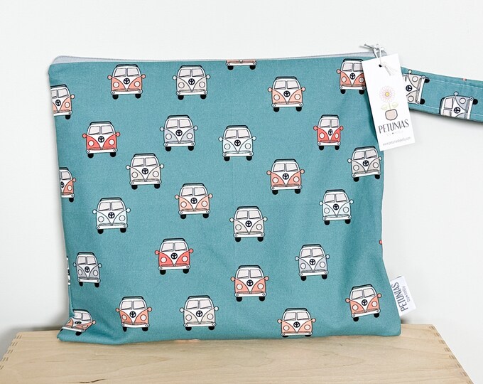 The ICKY Bag - wetbag - PETUNIAS by Kelly - Indie Designer Fabric Series - teal van bus