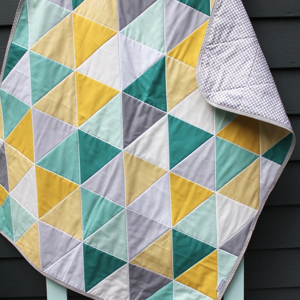 triangle baby GEOMETRIC quilt blanket mint by PETUNIAS crib nursery decor baby shower gift newborn photo prop hipster modern chevron gray