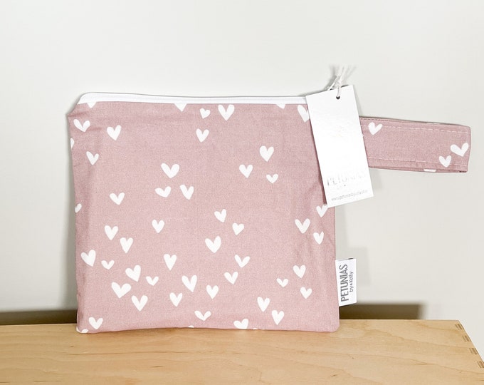 Small Wet Bag for Everyday Use | Reusable Wetbag for Cloth Diapers, Travel, Swim, Makeup & Toiletries | Eco-Friendly Storage | Mauve Hearts