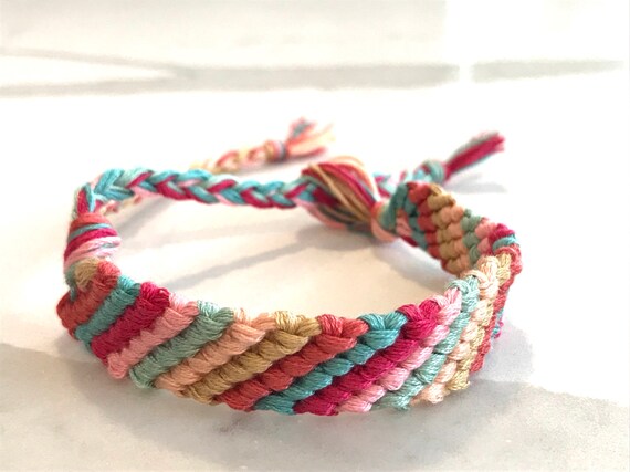 Friendship bracelet stripe boho pink turquoise teal coral woven summer style stackable handmade chunky knots