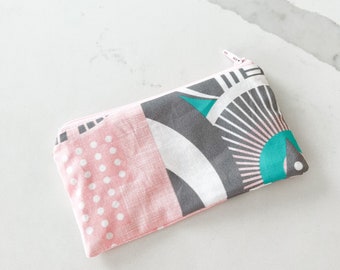 Mini zipper pouch - PETUNIAS by Kelly - Indie Designer Fabric Series - pink art deco