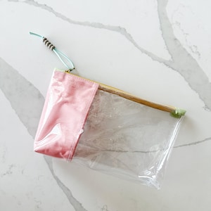Colorful Fabric Trim Clear Pouch | Handmade Vinyl Zipper Bag for Travel, Office, and School Essentials | Medium Bag