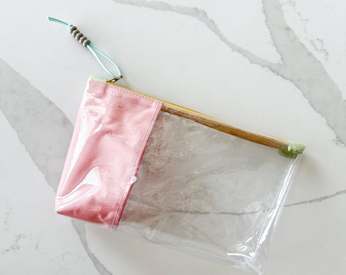 Colorful Fabric Trim Clear Pouch | Handmade Vinyl Zipper Bag for Travel, Office, and School Essentials | Medium Bag