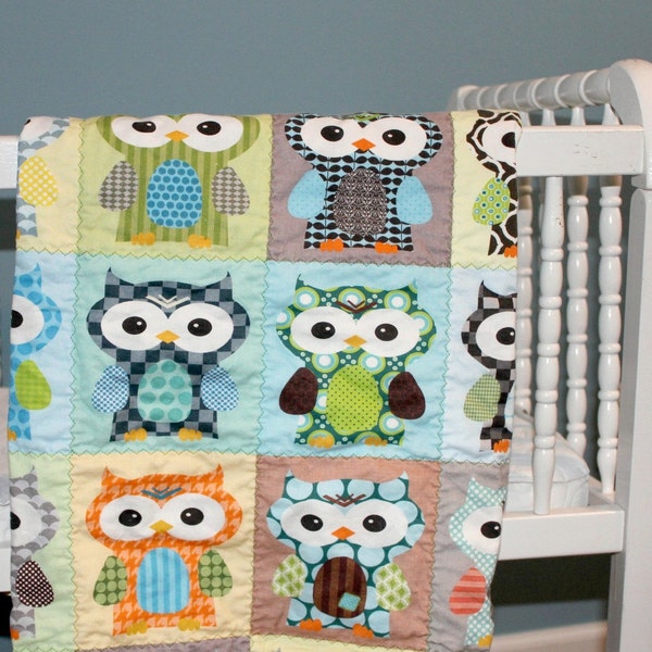 Blue Hoot Hoot QUILT by PETUNIAS - baby blanket owl blue green brown vintage modern photo prop newborn shower gift