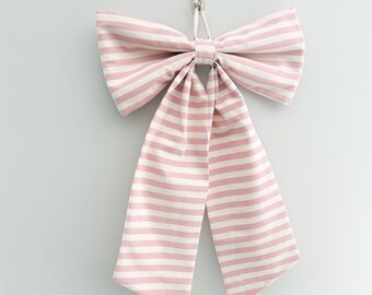 Bow | Medium Decorative Fabric Bow | Cute Home Decor Bow for Girls & Women | Hanging Wall or Door Bow | Rose Stripe Fabric