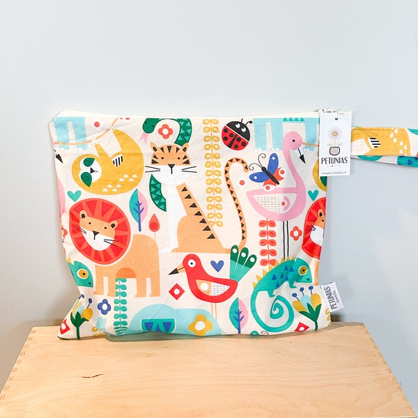 The ICKY Bag - wetbag - PETUNIAS by Kelly - Indie Designer Fabric Series - bright zoo animals