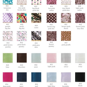 Peut inclure: Un nuancier de 59 &eacute;chantillons de tissus avec diff&eacute;rentes couleurs et motifs. Les &eacute;chantillons sont num&eacute;rot&eacute;s de 31 &agrave; 59. Les &eacute;chantillons comprennent des couleurs comme turquoise, marron, rose, violet, noir, gris, vert lime, chocolat, menthe, rose clair, argent, ivoire, rose fonc&eacute;, marine, sarcelle, bleu clair, lavande et noir. Les &eacute;chantillons comprennent &eacute;galement des motifs comme des pois, du paisley, des fleurs, du z&egrave;bre et du camouflage.