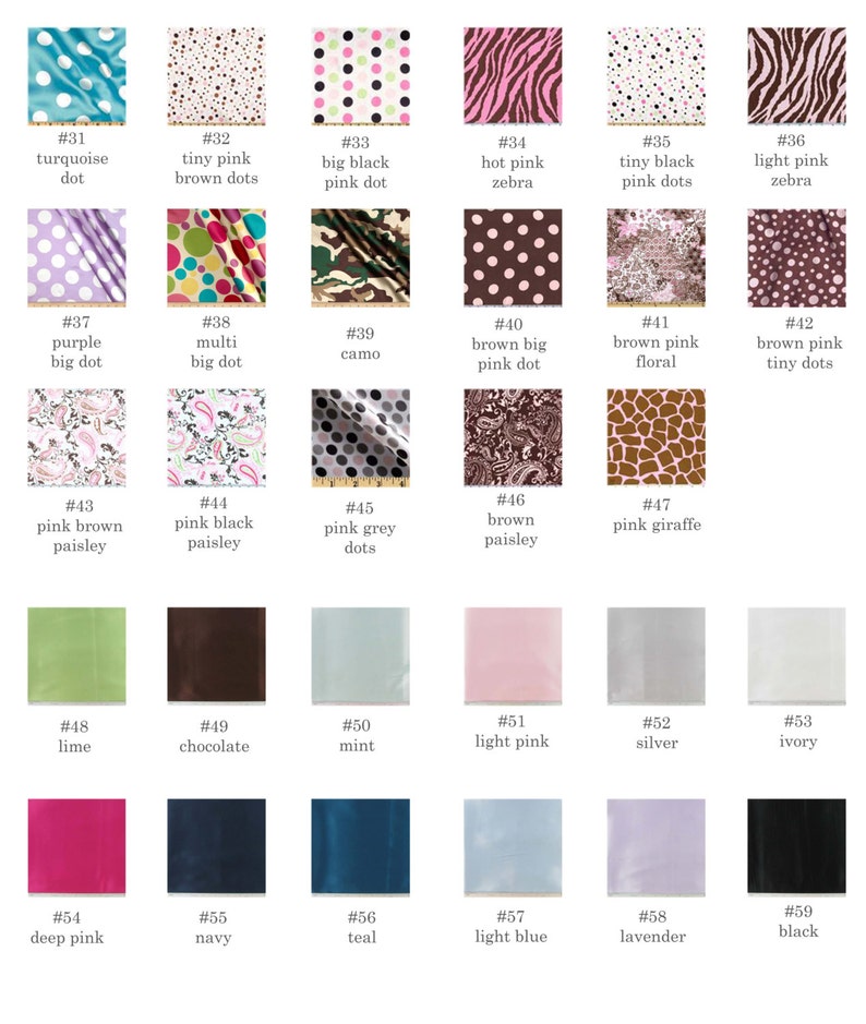 Peut inclure: Un nuancier de 59 &eacute;chantillons de tissus avec diff&eacute;rentes couleurs et motifs. Les &eacute;chantillons sont num&eacute;rot&eacute;s de 31 &agrave; 59. Les &eacute;chantillons comprennent des couleurs comme turquoise, marron, rose, violet, noir, gris, vert lime, chocolat, menthe, rose clair, argent, ivoire, rose fonc&eacute;, marine, sarcelle, bleu clair, lavande et noir. Les &eacute;chantillons comprennent &eacute;galement des motifs comme des pois, du paisley, des fleurs, du z&egrave;bre et du camouflage.