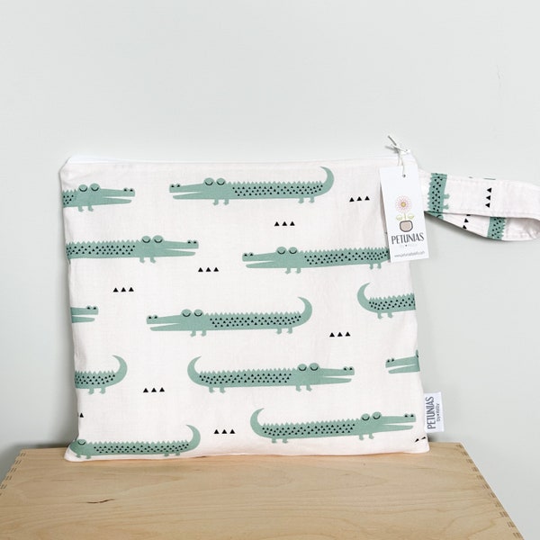 The ICKY Bag - wetbag - PETUNIAS by Kelly - Indie Designer Fabric Series - sage alligators