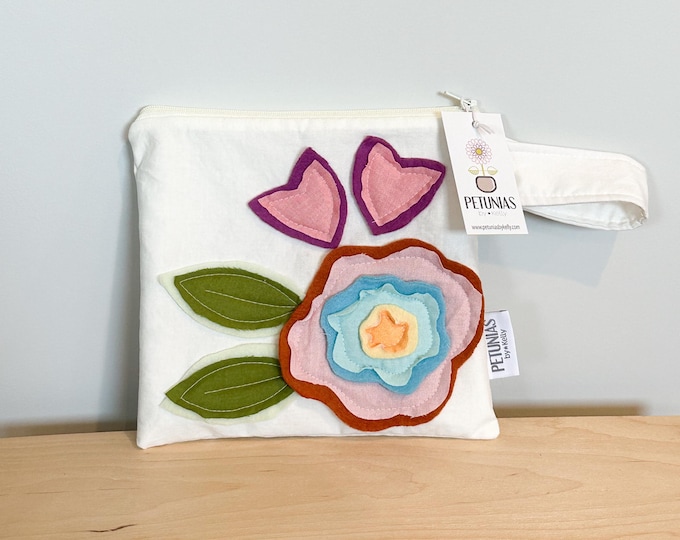 Small Wet Bag for Everyday | Reusable Wetbag for Cloth Diapers, Travel, Swim, Makeup & Toiletries | Eco-Friendly Storage | Flower Applique
