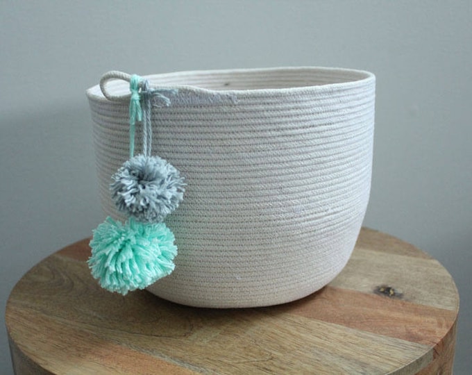 Basket rope coil bin storage organizer bowl pompoms natural mint grey by PETUNIAS SALE