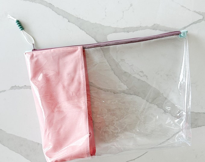 Stylish Clear Zipper Pouch | Transparent Vinyl Bag with Fun Fabric Trim for Makeup, School Supplies, and Gifts | Extra Large Bag
