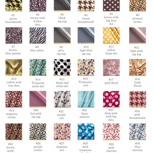 Peut inclure: Un ensemble de 30 &eacute;chantillons de tissus avec diff&eacute;rents motifs et couleurs. Les &eacute;chantillons sont dispos&eacute;s en grille de six colonnes et cinq rang&eacute;es. Chaque &eacute;chantillon est num&eacute;rot&eacute; de 1 &agrave; 30. Les motifs comprennent le pied-de-poule, les pois, le zig zag, le paisley, les fleurs et les cercles.