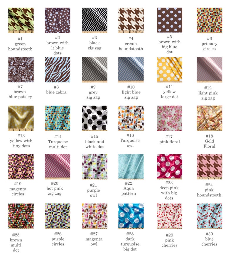 Peut inclure: Un ensemble de 30 &eacute;chantillons de tissus avec diff&eacute;rents motifs et couleurs. Les &eacute;chantillons sont dispos&eacute;s en grille de six colonnes et cinq rang&eacute;es. Chaque &eacute;chantillon est num&eacute;rot&eacute; de 1 &agrave; 30. Les motifs comprennent le pied-de-poule, les pois, le zig zag, le paisley, les fleurs et les cercles.