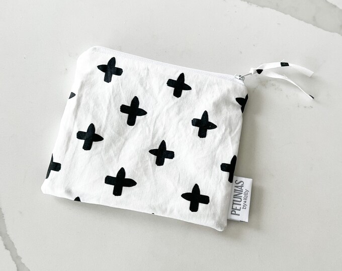 The ICKY Bag mini pouch - wetbag - PETUNIAS by Kelly - Indie Designer Fabric Series - black and white cross