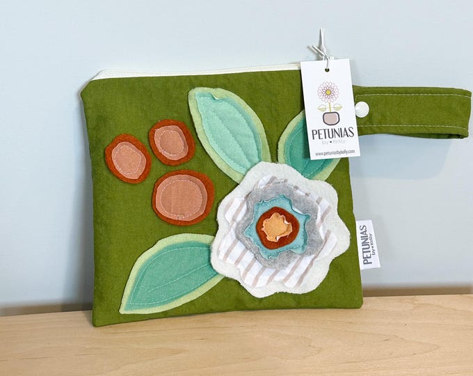 Small Wet Bag for Everyday | Reusable Wetbag for Cloth Diapers, Travel, Swim, Makeup & Toiletries | Eco-Friendly Storage | Flower Applique