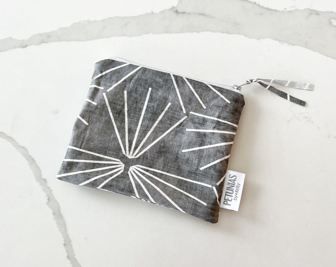 The ICKY Bag mini pouch - wetbag - PETUNIAS by Kelly - Indie Designer Fabric Series - grey geometric rays