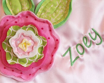 personalized Large Fluffy Blanket - minky satin 3d flower embroidery newborn gift photo prop baby blanket monogram