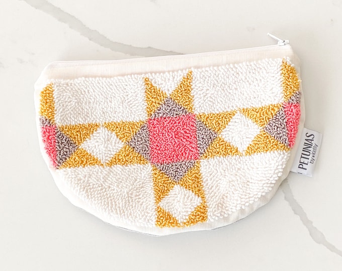 Zipper pouch - punch needle - clutch - PETUNIAS by Kelly SALE