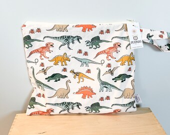 The ICKY Bag - wetbag - PETUNIAS by Kelly - Indie Designer Fabric Series - teal dinosaurs