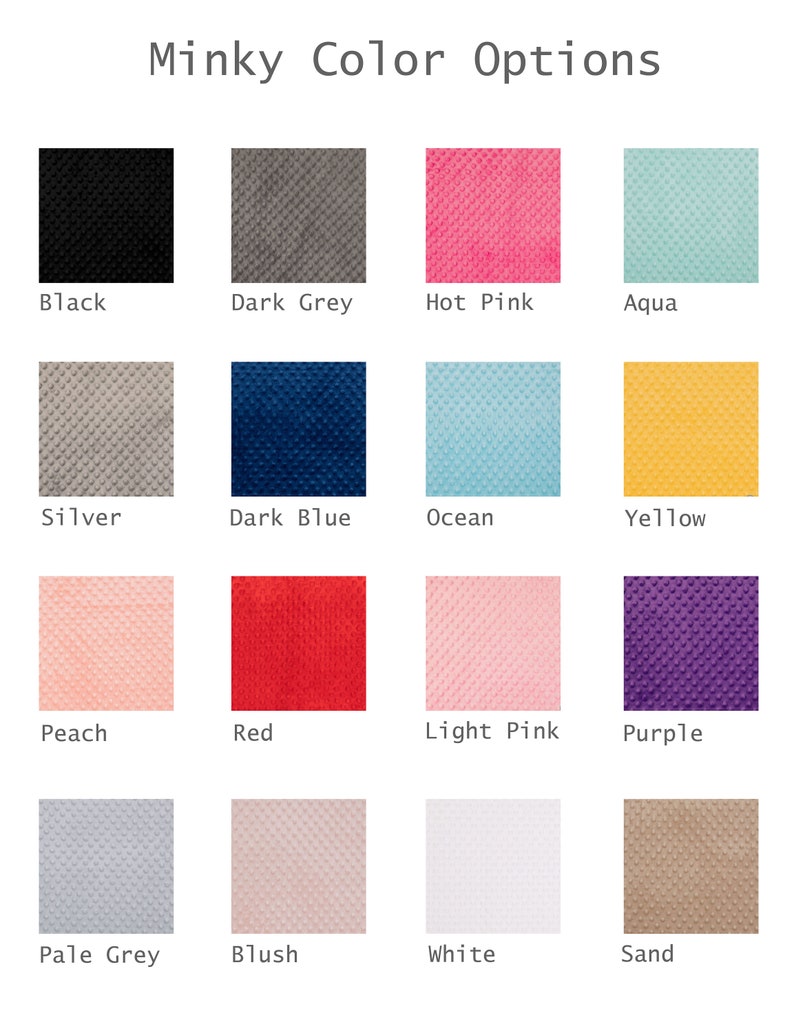 Puede incluir: Una tabla que muestra 16 colores de tela minky diferentes. Los colores son: Negro, Gris oscuro, Rosa intenso, Aqua, Plata, Azul oscuro, Oc&eacute;ano, Amarillo, Melocot&oacute;n, Rojo, Rosa claro, Morado, Gris claro, Rubor, Blanco y Arena.