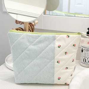 Quilted Cosmetic Bag | Puff Makeup Bag | Large Toiletry Pouch | Gift for Her | Waterproof Zipper Bag | Everyday Organizer Bag | Aqua Peach