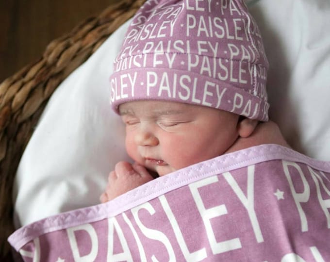 Personalized Organic Baby Swaddle & Hat Set, Newborn Gift Set, Soft Knit Baby Blanket, Baby Shower Gift Idea, Custom Baby Essentials