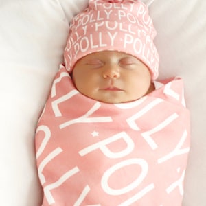 Personalized Baby Swaddle Blanket and/or Knot Hat PETUNIAS by Kelly organic personalized image 1