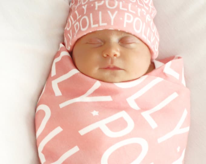 Personalized Baby Swaddle Blanket and/or Knot Hat - PETUNIAS by Kelly - organic -  personalized