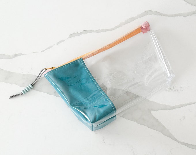 Handmade Clear Vinyl Zipper Pouch | Trendy Organizer with Colorful Fabric for Makeup, Tech, and Crafts | Medium Bag