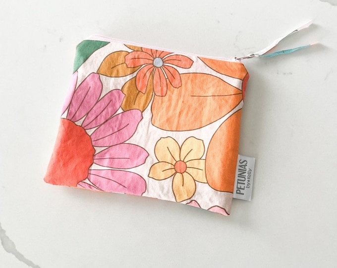 The ICKY Bag mini pouch - wetbag - PETUNIAS by Kelly - Indie Designer Fabric Series - 70s groovy floral