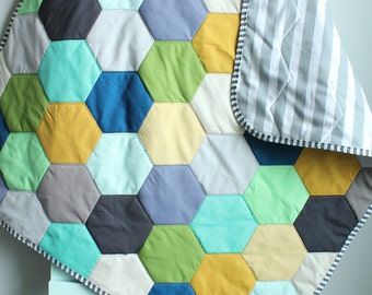 Handmade Hexagon Baby Quilt | Heirloom Quality Patchwork Blanket | Nursery Bedding | Newborn Gift | Baby Shower Keepsake