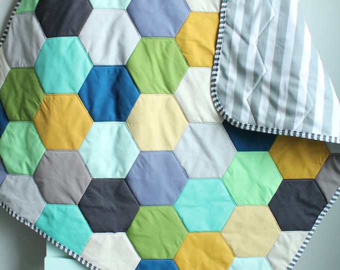 Baby QUILT hexagon modern hipster by PETUNIAS - heirloom vintge style blanket nursery decor vintage newborn shower gift room crib bedding