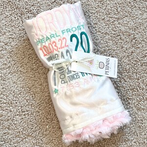 Personalized Birth Stats Little Fluffy Blanket minky faux fur satin name embroidery newborn gift photo prop lovie lovey monogram image 9