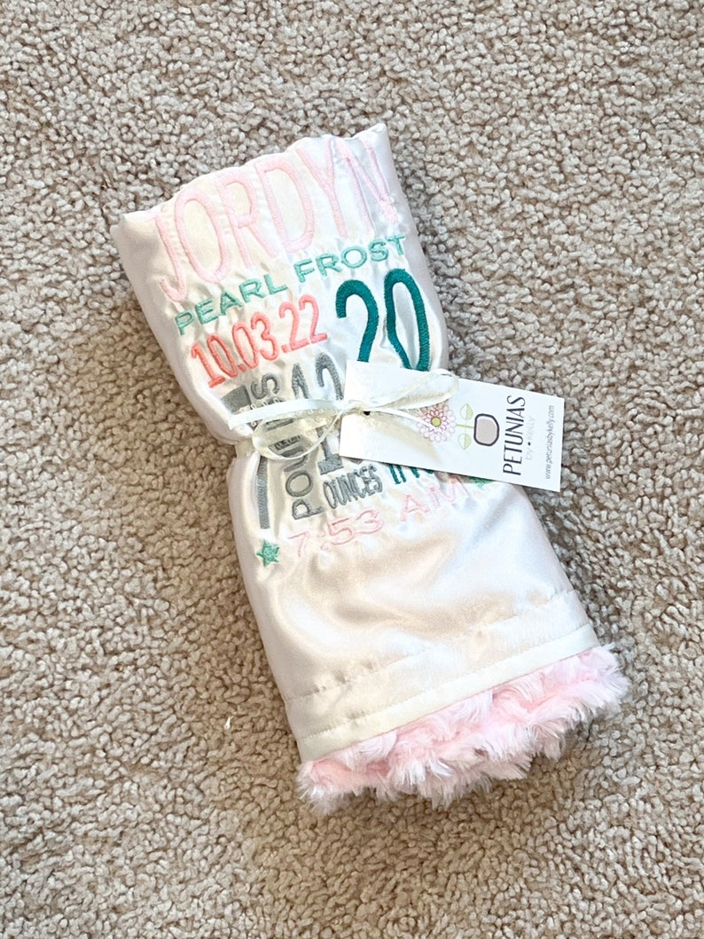 Personalized Birth Stats Little Fluffy Blanket minky faux fur satin name embroidery newborn gift photo prop lovie lovey monogram image 9