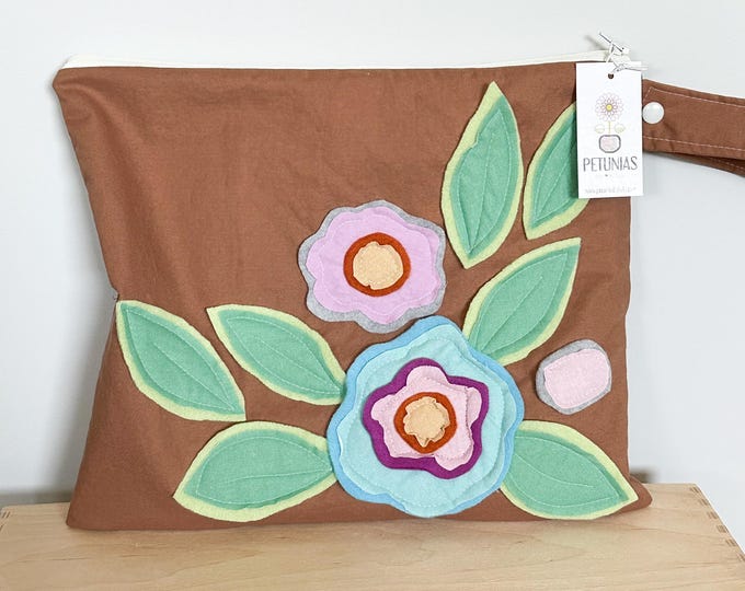 Medium Wet Bag | Reusable Wetbag for Diapers, Travel, Swim, Gym, Makeup, or Toiletries | Eco-Friendly Storage by PETUNIAS | Flower Applique
