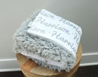 Personalized Baby Blanket faux fur minky lovey name blanket baby gift cloud blanket llama grey newborn gift plush photo prop toddler child