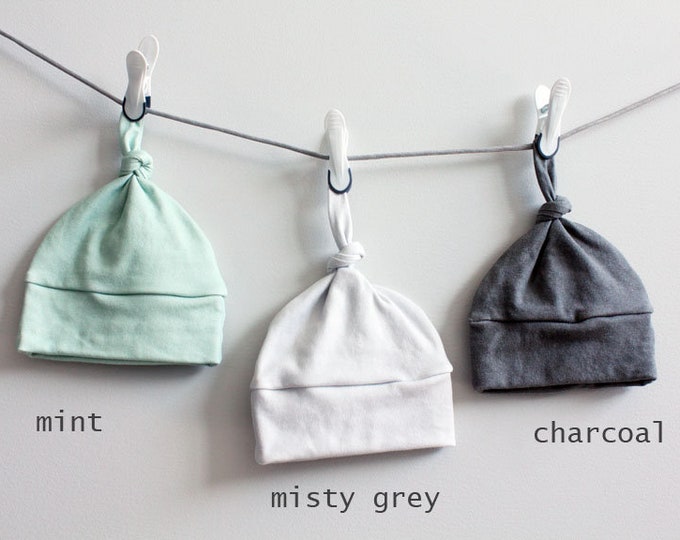 Baby Hat Solid color mint grey charcoal Organic knot PETUNIAS modern newborn baby shower gift photo prop hospital outfit accessory