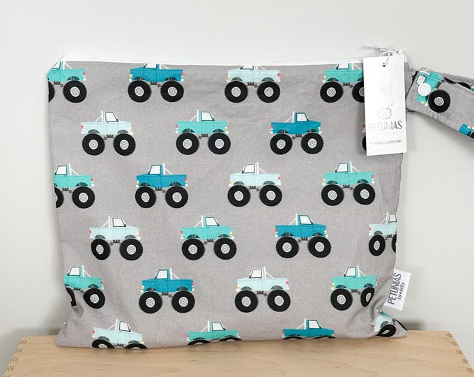 Medium Wet Bag for Everyday Use | Reusable Wetbag for Diapers, Travel, Swim, Gym, Makeup & Toiletries | Eco-Friendly Storage | Monster Truck