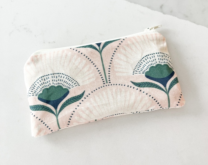 Mini zipper pouch - PETUNIAS by Kelly - Indie Designer Fabric Series - pink and sage flowers
