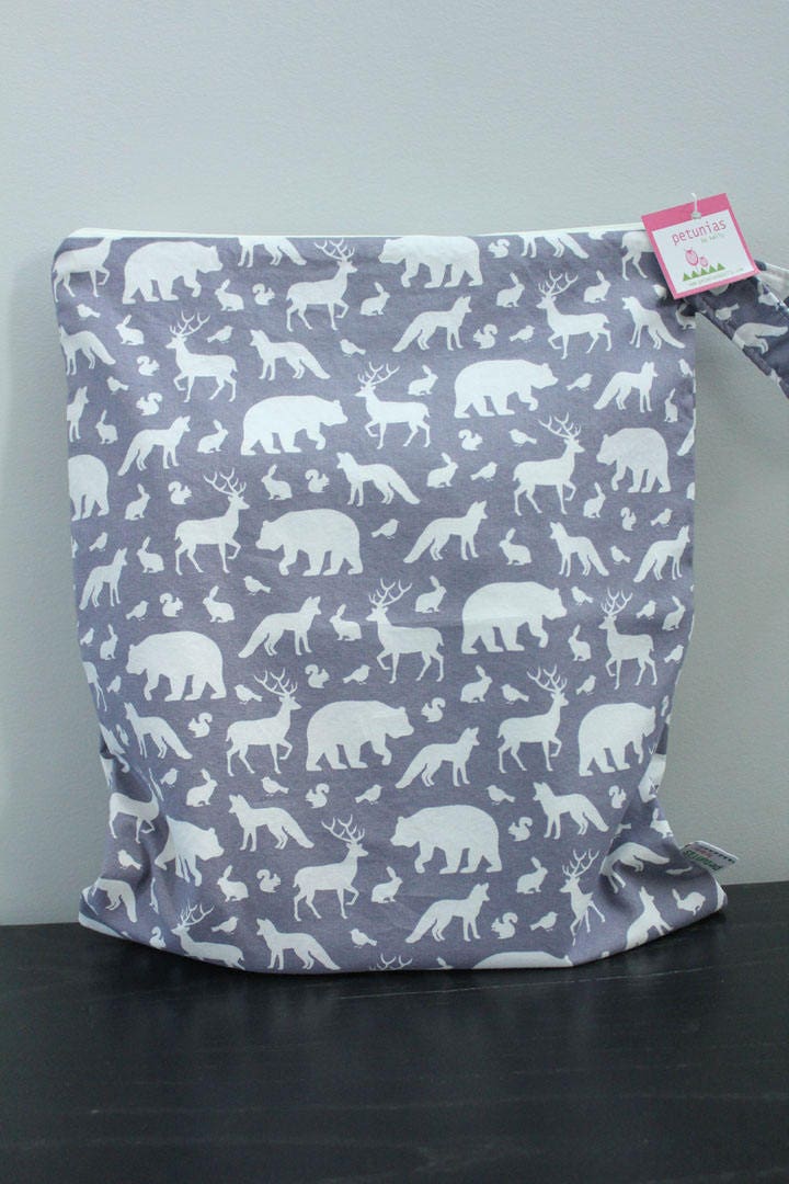 Wetbag Wet Bag Icky Bag Xl Grey Forest Animals Petunias Diaper Bag Cloth Diapers Large Wet Proof Gym Bag Travel Swim Pool Kids Beach Zipper