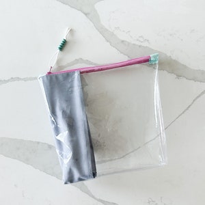 Clear Vinyl Makeup Bag | Fun Handmade Zipper Pouch with Colorful Fabric for Travel and Essentials | Large Bag