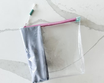 Clear Vinyl Makeup Bag | Fun Handmade Zipper Pouch with Colorful Fabric for Travel and Essentials | Large Bag
