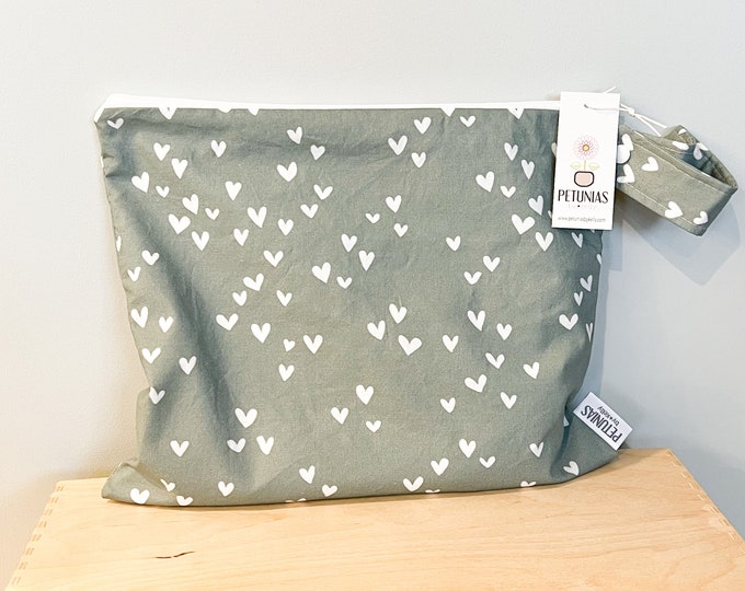 The ICKY Bag - wetbag - PETUNIAS by Kelly - Indie Designer Fabric Series - sage hearts