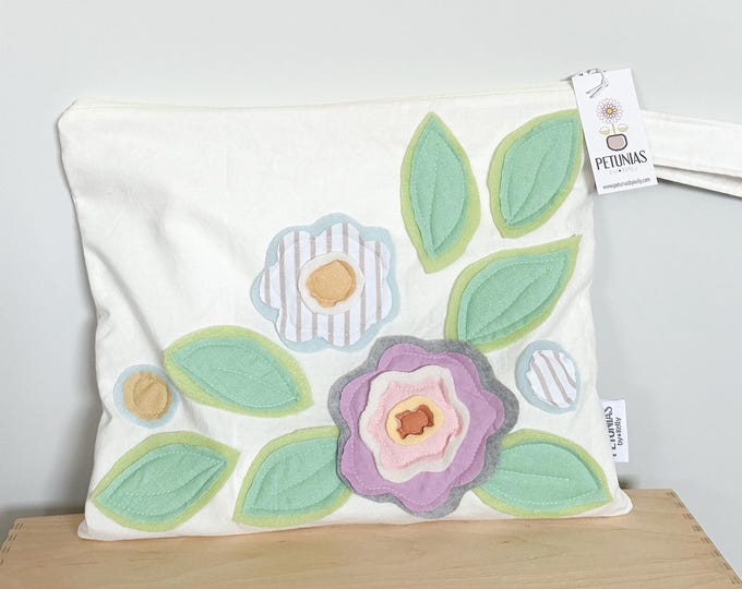 Medium Wet Bag | Reusable Wetbag for Diapers, Travel, Swim, Gym, Makeup, or Toiletries | Eco-Friendly Storage by PETUNIAS | Flower Applique